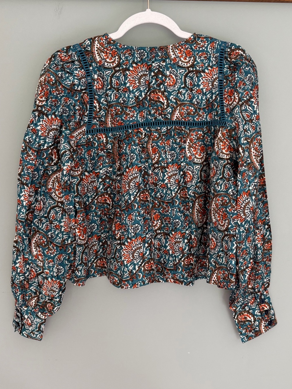 Emerson Fry India Collection "Isla" 100% Silk Teal Rust Paisley Peasant Top - Picture 9 of 15